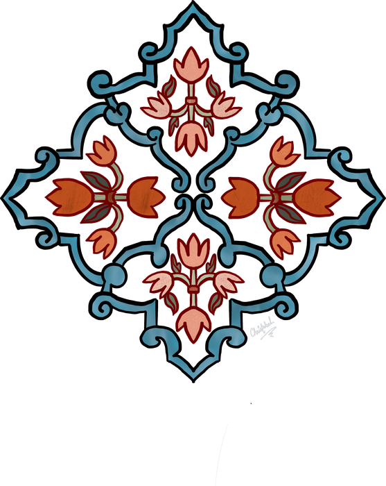 Cut-out blue tile motif filled with pink and coral flowers, inspired by South India