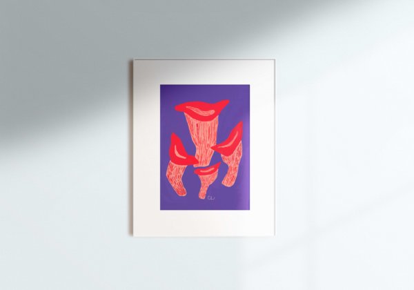 gouache illustration of four red trumpet mushrooms painted on a deep purple background. the painting is hung on the wall in a white frame